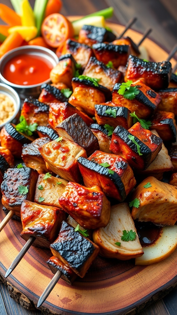 Grilled carnivore kabobs with beef, chicken, and pork on a wooden platter, garnished with herbs and served with dipping sauces.
